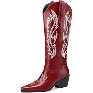 Women Red Wings Floral Faux Leather Western Cowboy Boot Chunky Heel Comfortable